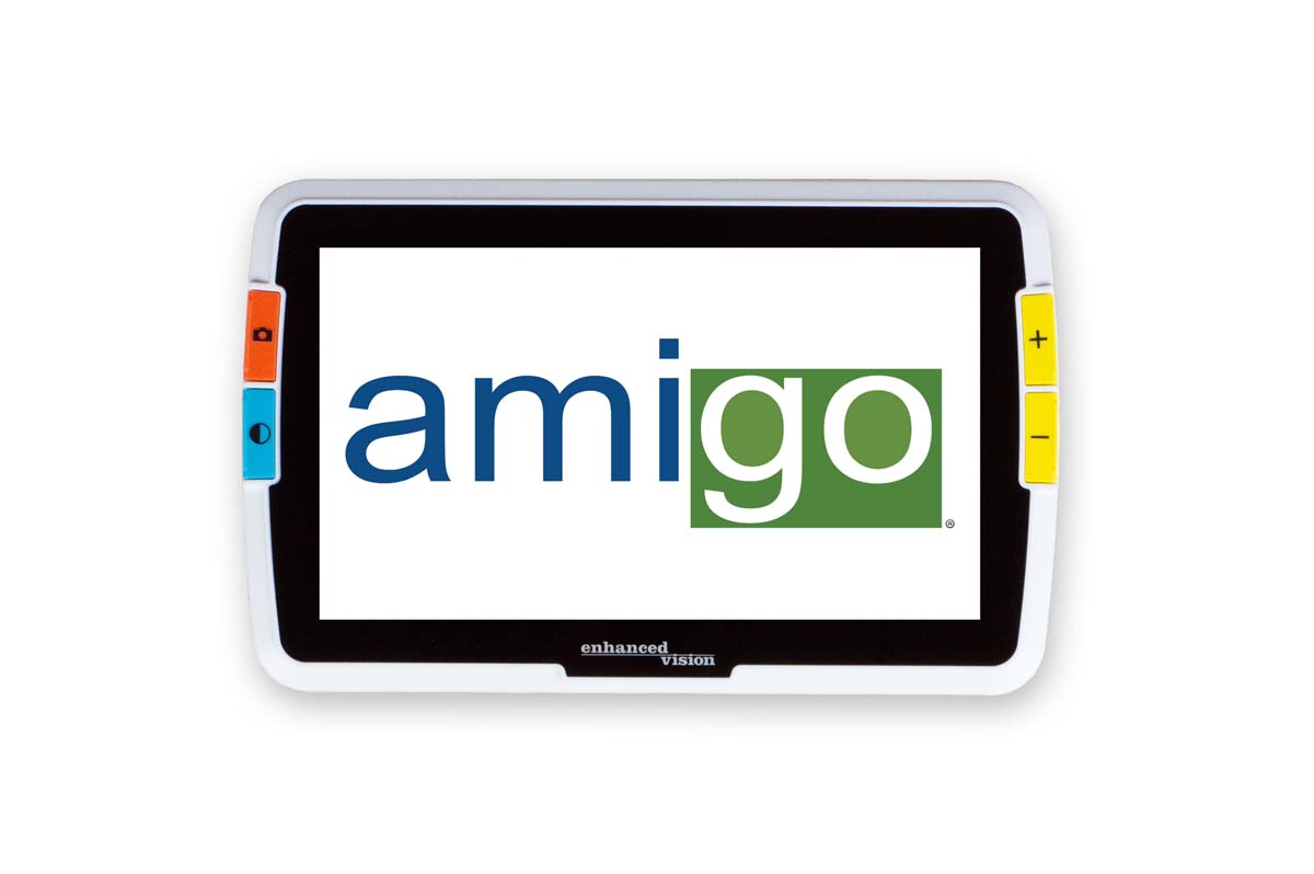 Image of the Amigo 8 displaying the Amigo Logo on the screen