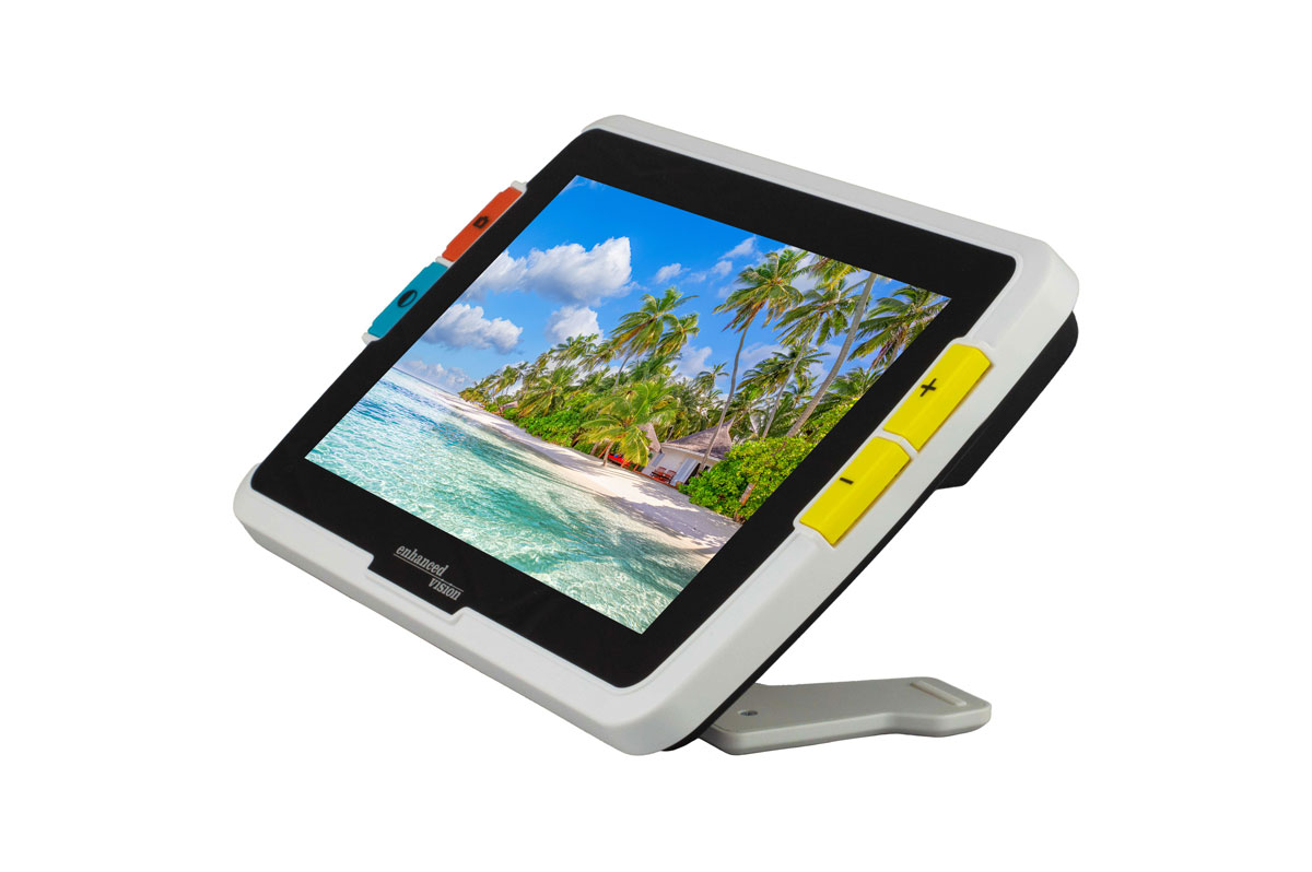 Left angle image of the Amigo 8 with the screen displaying an image of a beach with trees 