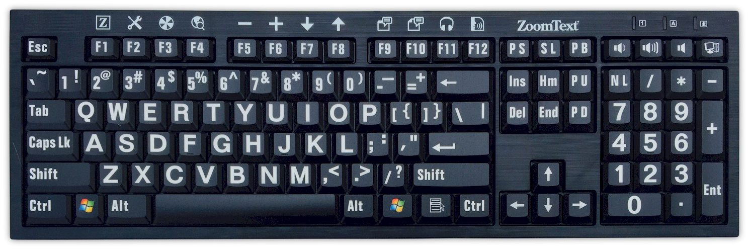 ZoomText USB Keyboard with White Letters on Black