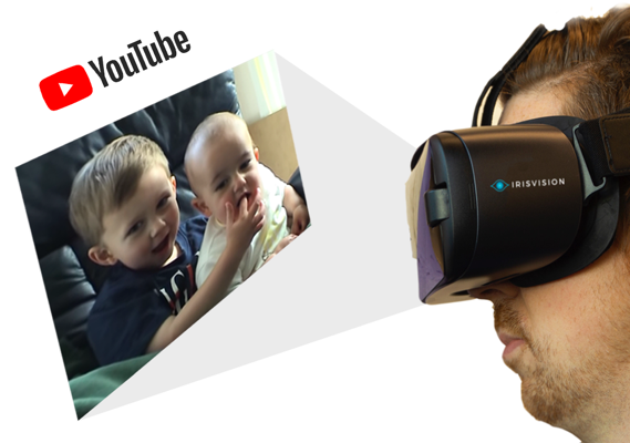 Image of person wearing the IrisVision Live, wearable magnifier to watch YouTube videos. Low vision, NanoPac