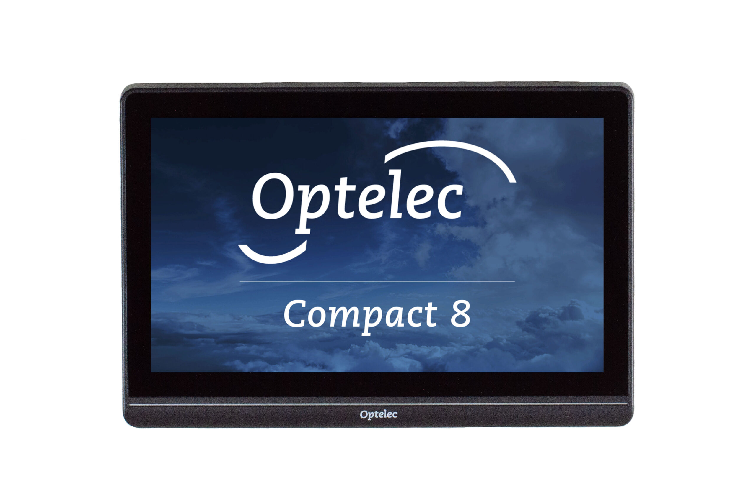 Image of the front screen of the compact 8 video magnifier with the optelec logo