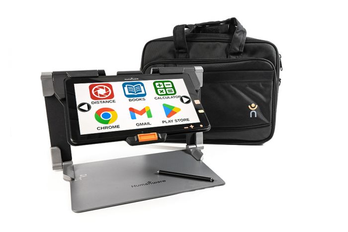 Image of the Connect 12- Smart Portable HD Magnifier showing the available applications such as Chrome, G-mail, google play store, calculator, books, and camera. With the carrier bag.