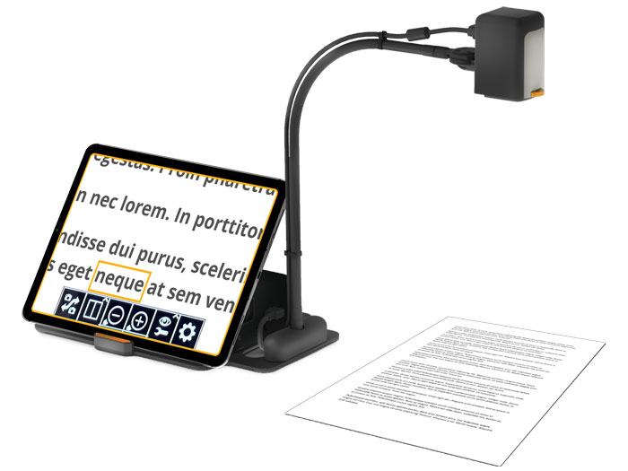 Image of the MagniLink WifiCam being used to view a document to the right of the tablet. 