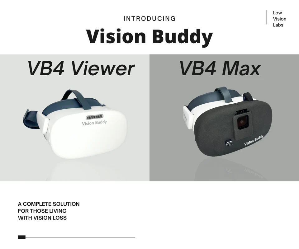 Vision Buddy 4 Graphic with two images, one of the VisionBuddy 4 Viewer and the other of the Vision Buddy Max Headsets. With Text "Introducing Vision Buddy, A Complete Solution for those living with vision loss." 