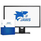 Photo of a computer screen with the JAWS logo on it