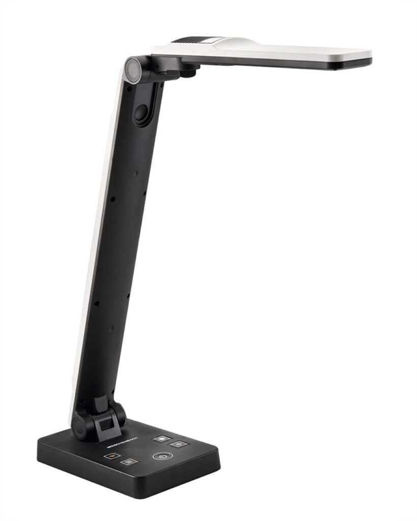 Side view image of the Elumentis LED Lamp. Small base with control button on the bottom, a tall stand, and then the light on top.