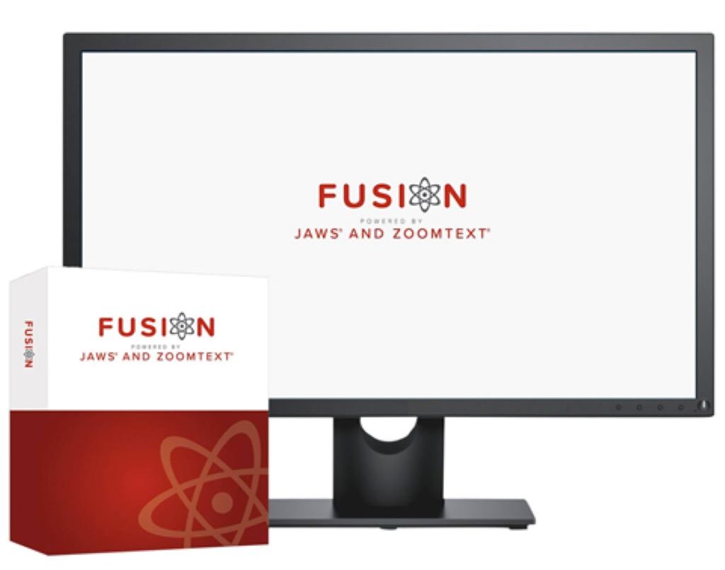 image of a computer screen with the FUSION logo on it with the FUSION software box on the left hand side of the monitor