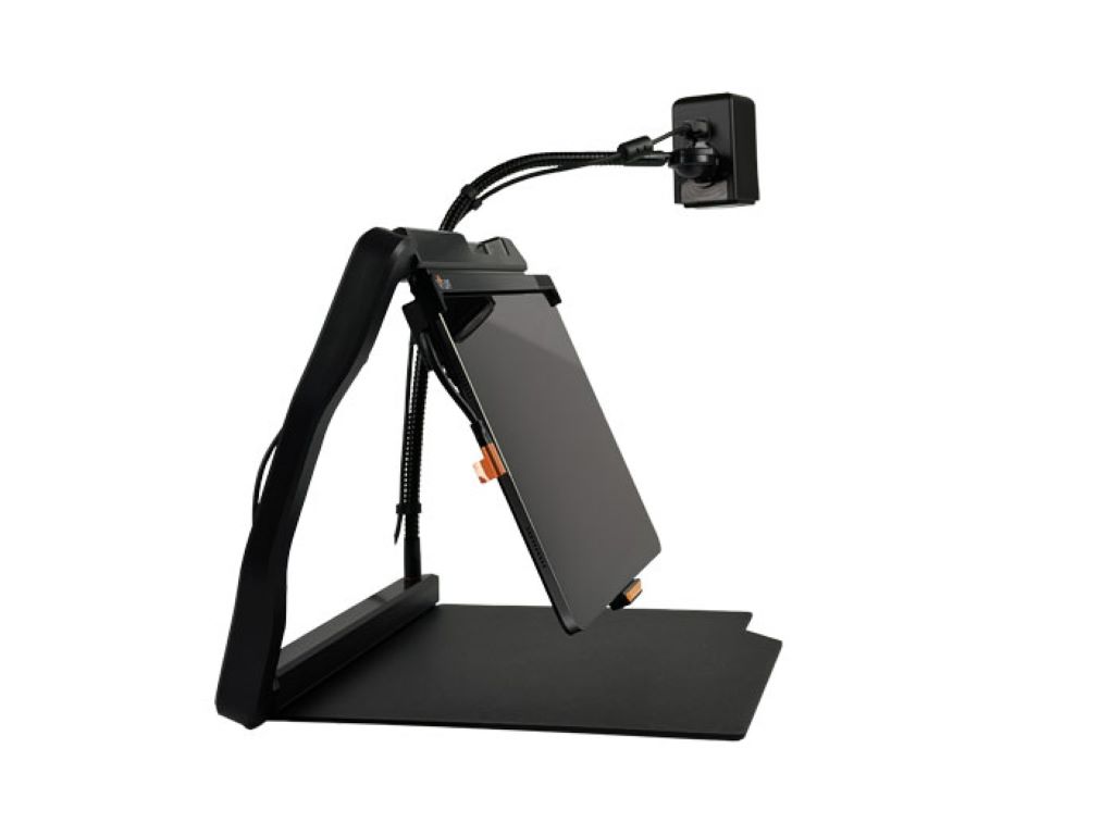 Image of the MagniLink iTAB from the side to see the desktop platform, tablet, and the camera overhead