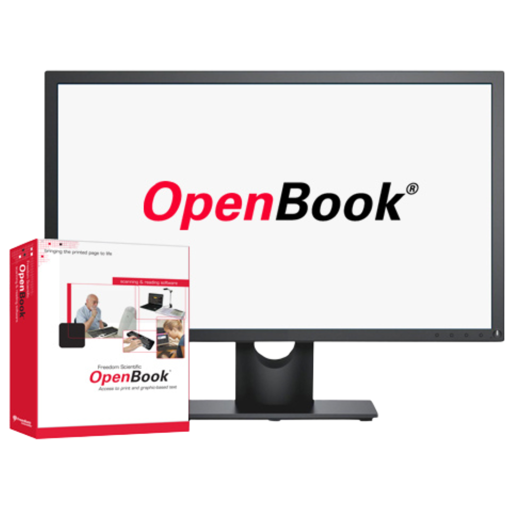 Image of a computer screen with the OpenBook logo on it with the software box sitting to the left of the monitor.
