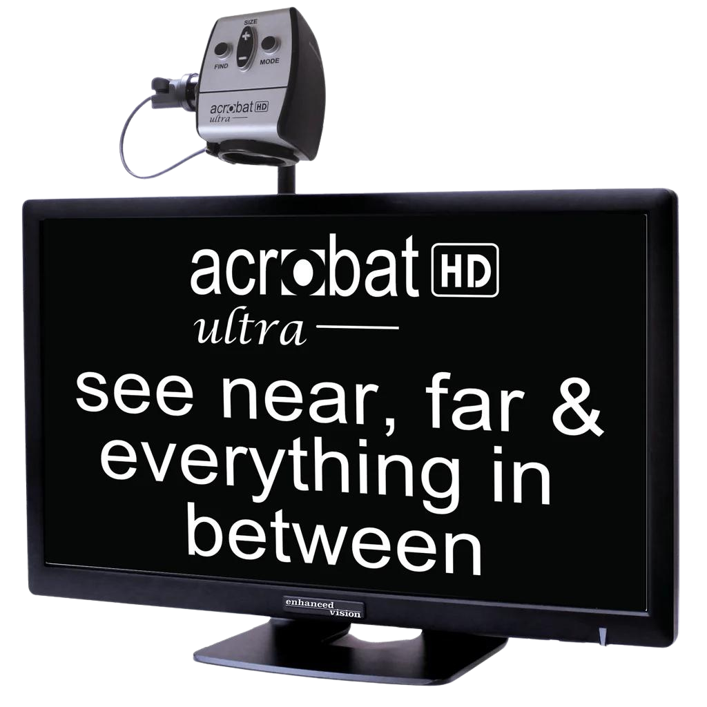 front view image of the Acrobat HD Ultra Desktop Magnifier - a black monitor with white text "Acrobat HD Ultra - See near, far, and everything in between" on the screen with the camera on top of the monitor