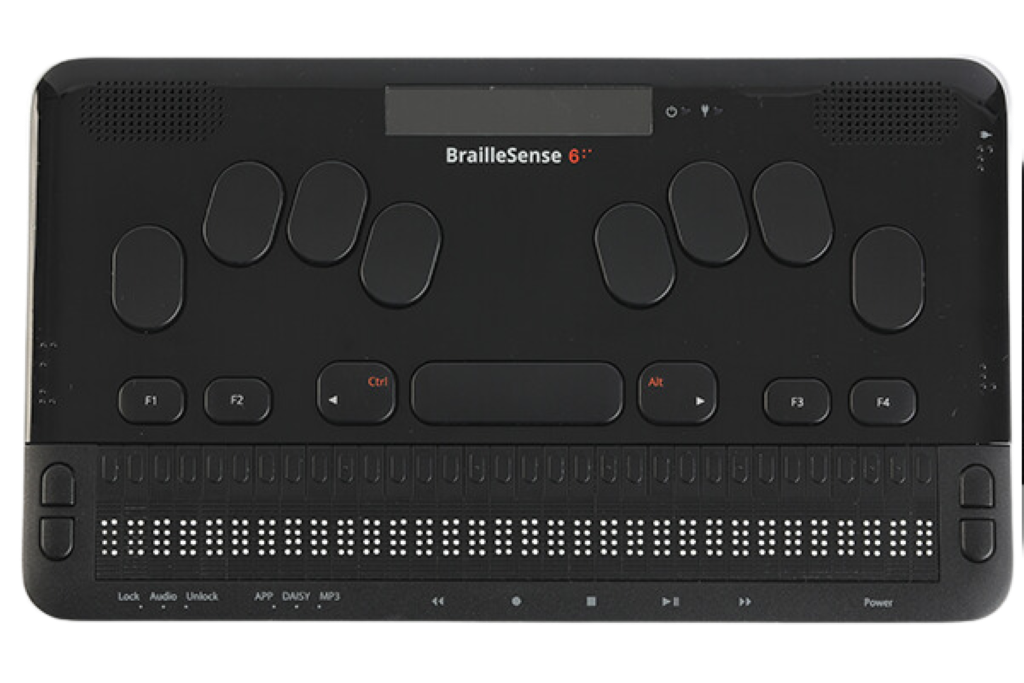 Image of the BrailleSense 6 Braille Notetaker from the top view showing the refreshable braille display, LED screen display, and perkins style keyboard