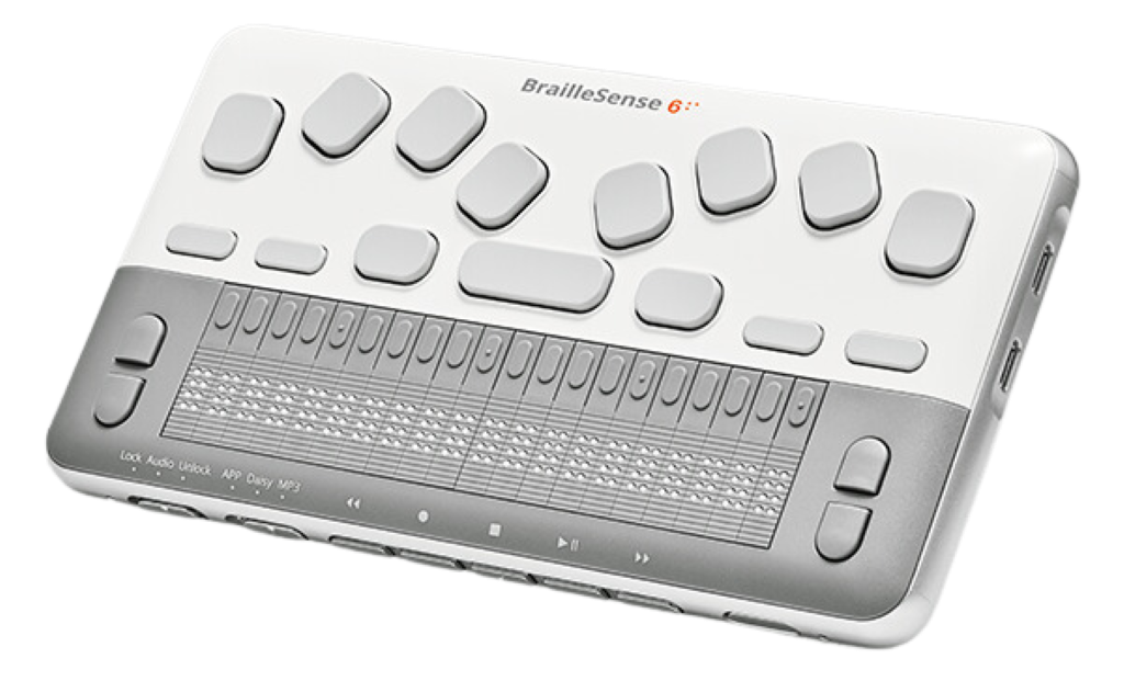 close up image of the braillesense 6 mini which is a white braille notetaker with a perkins style keyboard, and refreshable braille display