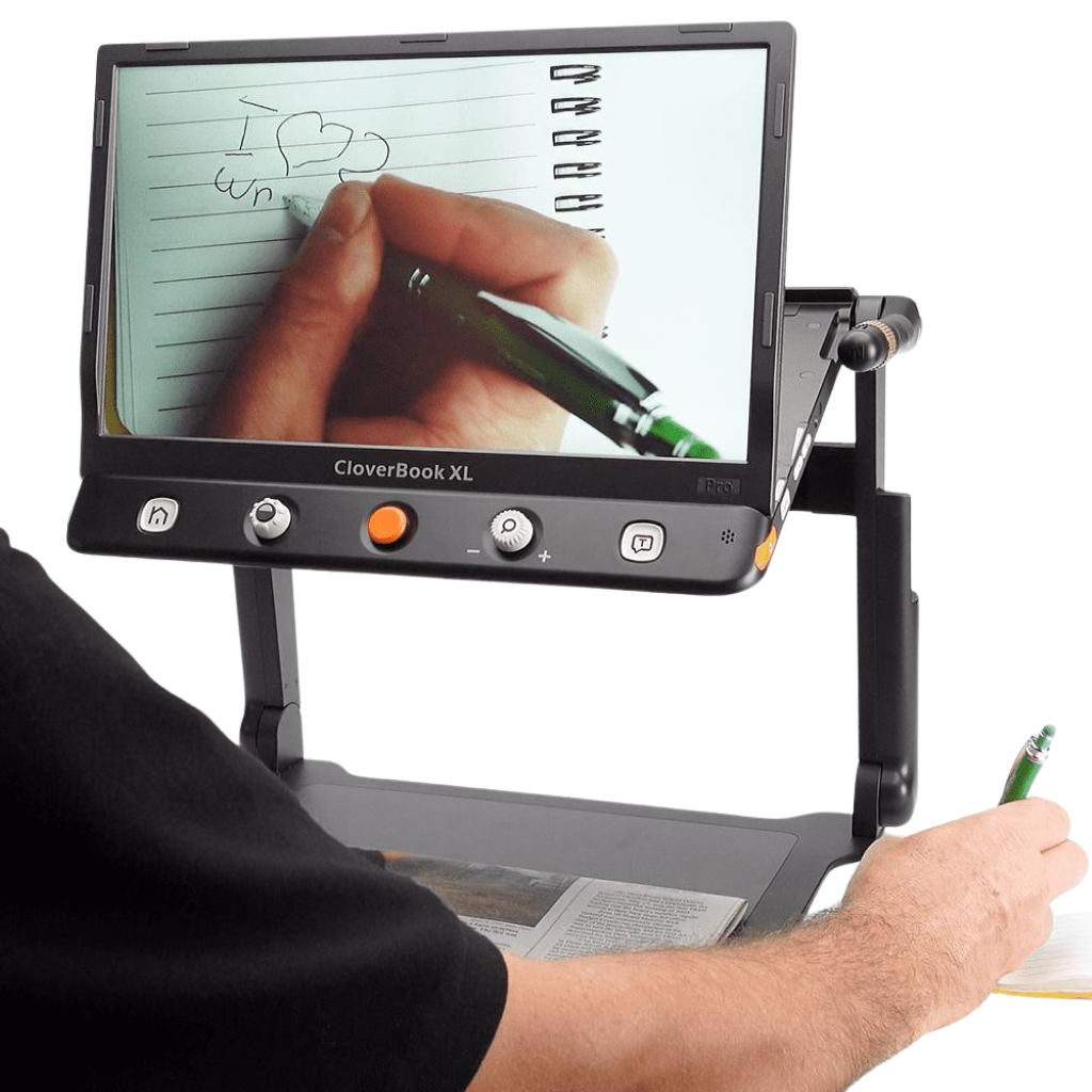 image of someone using the cloverbook pro xl's side camera to have a magnified view of what they are writing in a notepad