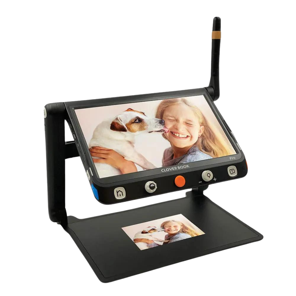 image of the clover book pro with a magnified view of a 4 x 6 photo of a little girl with blond hair being licked by a white and brown dog