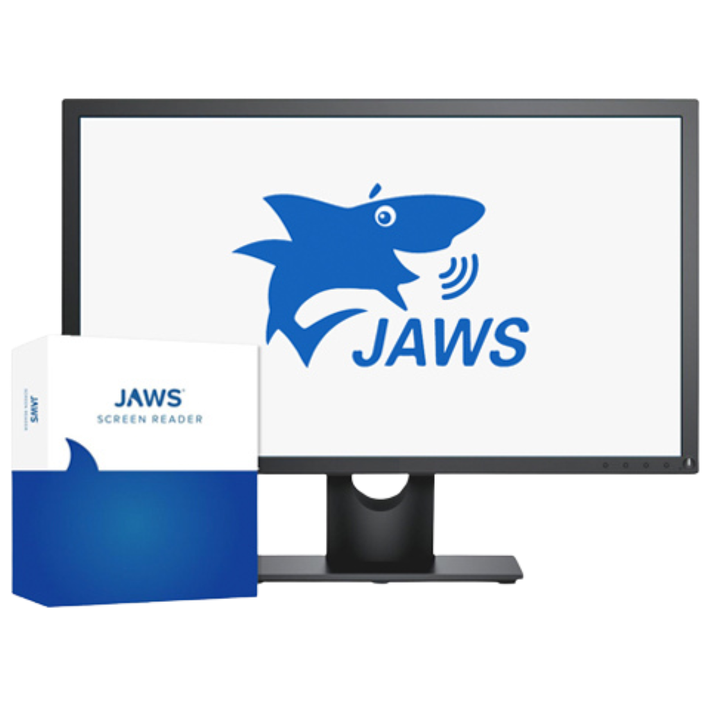 JAWS product image - picture of computer monitor with the JAWS logo on the front and JAWS box next to it