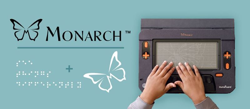banner image with a blue background with image of a student's hands on the display of the Monarch, with text "Monarch" with image of a butterfly