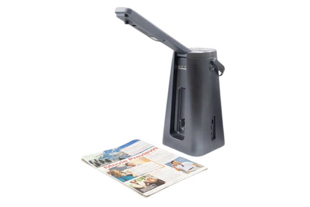 image of the Odyssey reader from the side with the camera opened and scanning a magazine below it