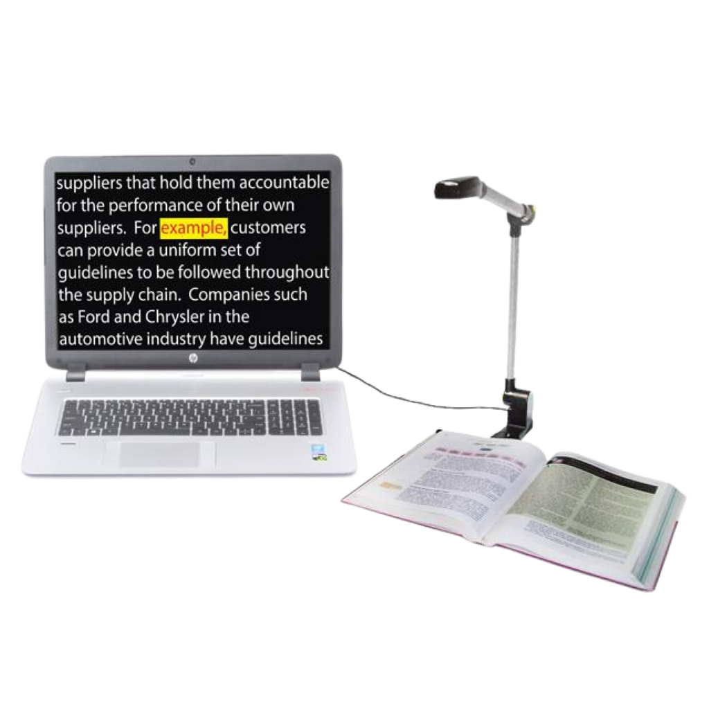 Image of the PEARL scan and read camera plugged into a HP Laptop, scanning a textbook with the words on the screen