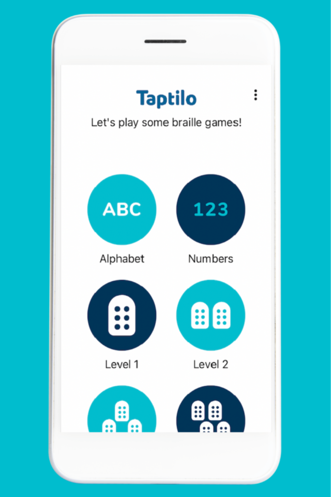 Image of the Taptilo App Home Menu Screen on an animated iPhone