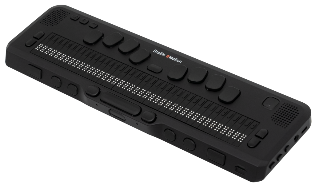 image of the HIMS Braille eMotion Braille Display, a long 40-cell display that is black with a Perkins style keyboard