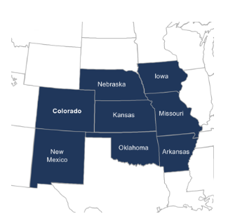 Image of the NanoPac Service Area - Basic United States Map with Oklahoma, Colorado, New Mexico, Nebraska, Iowa, Kansas, Missouri, and Arkansas Highlighted Navy Blue 