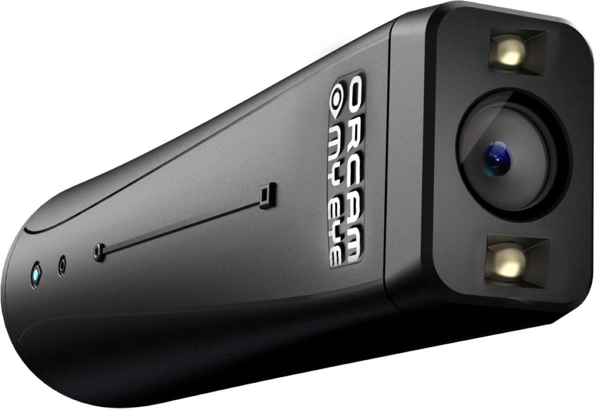 side view image of the orcam myeye pro showing the navigation bar and slow up shot of the camera