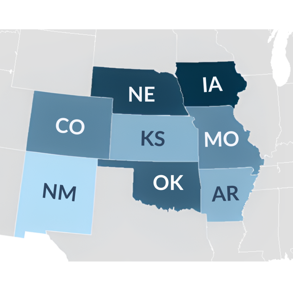 NanoPac Service Map - Map of the United States zoomed in on New Mexico, Colorado, Nebraska, Iowa, Kansas, Missouri, Arkansas, and Oklahoma