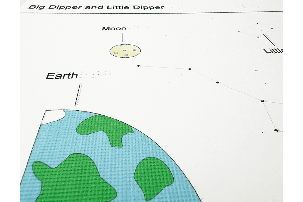 image of an example of an embossed graphic of the earth, moon, and little dipper constellation by the embosser
