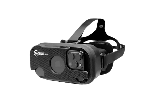 photo of the maggie ivr headset vision goggles with iphone and headset