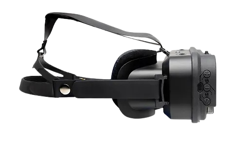 side image of the maggie headset showing the nice headstrap and volume buttons on the side