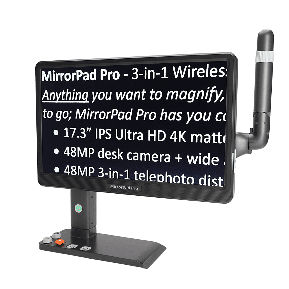 photo of the mirrorpad pro from the front with specs about the product on the screen in white text on black background