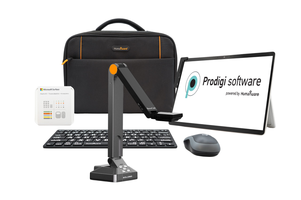 Prodigi Complete Kit Components which includes a Tablet with text on the screen reading "Prodigi Software - Powered by Humanware", Keyboard, Mouse, Desktop Camera, and Case