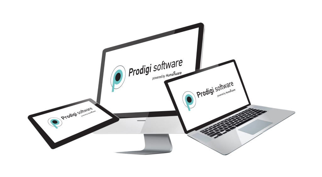 Tablet, iMac, and Laptop all with prodigi logo and text on the screens reading "Prodigi Software - Powered by Humanware"